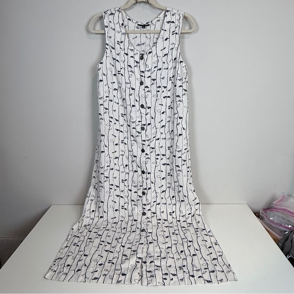 Cynthia Max Leaf Print Linen Button Up Maxi Dress M